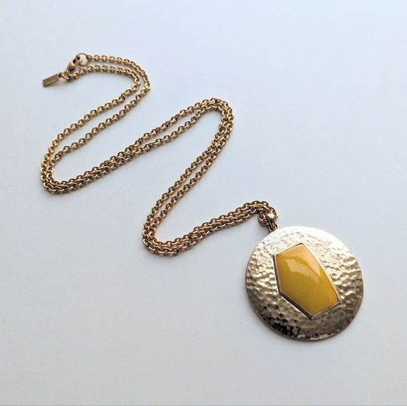 Kate Spade Gold/ Citrine Amber Circular Pendant Long Necklace Gold Chain - Picture 2 of 8